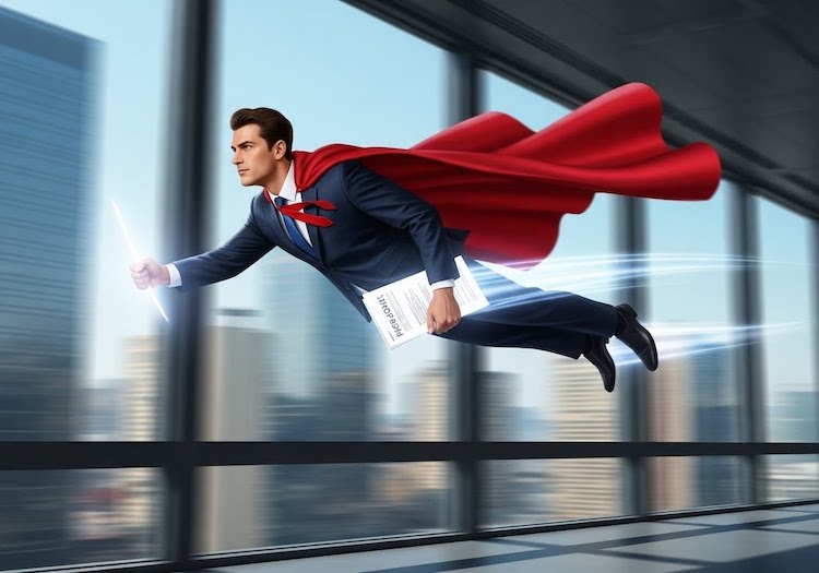 Procurement professional wearing a cape and flying through the office.