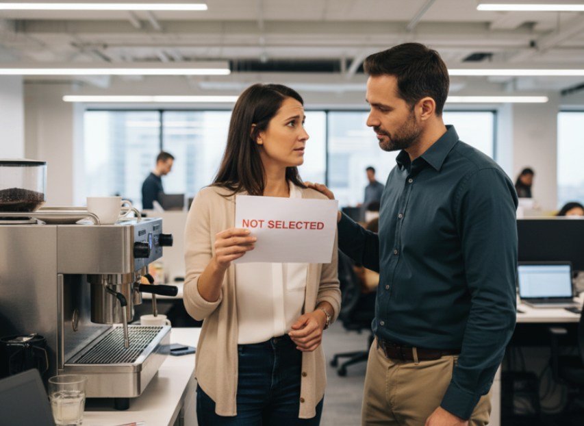 Cartoon vendor receiving a 'NOT SELECTED' notification on a proposal submission